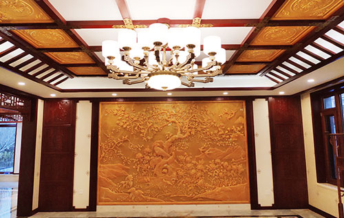 鹰手营子矿中式别墅客厅中式木作横梁吊顶装饰展示